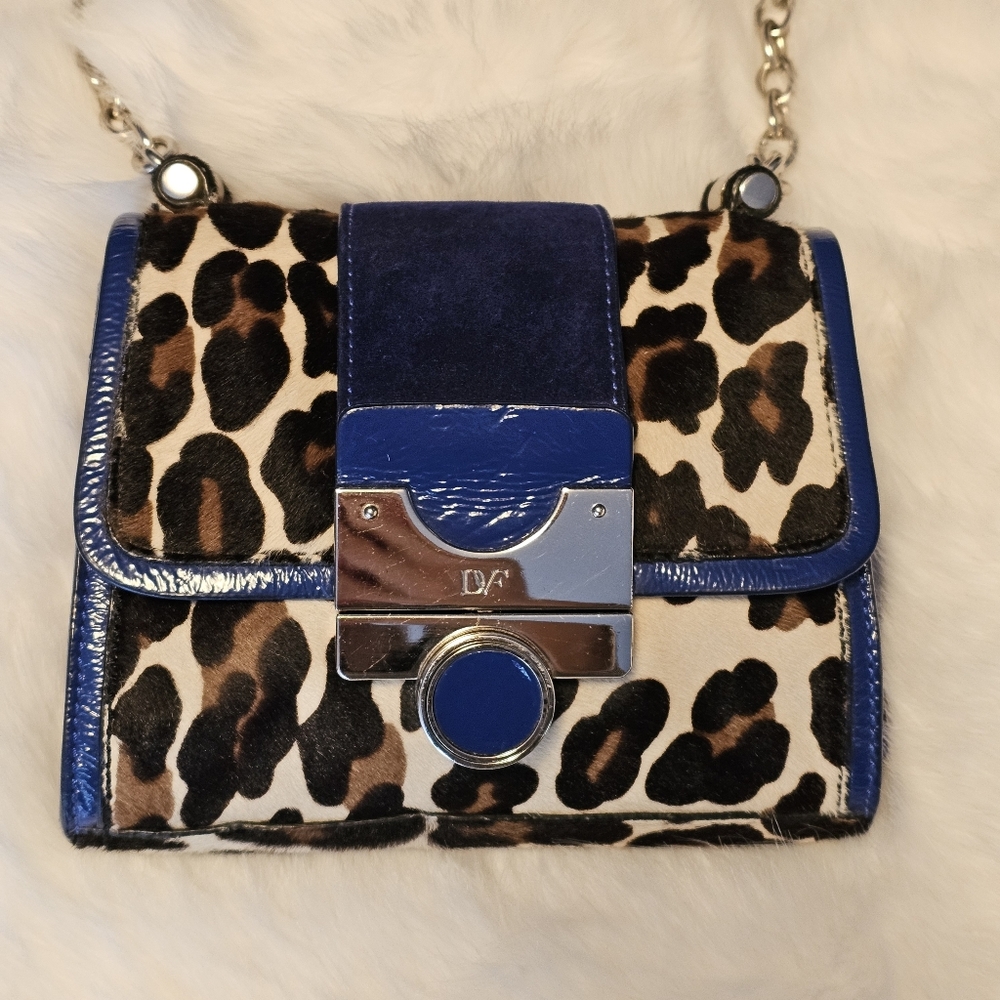 RARE DVF Leopard Genuine Leather  Suede Cowhide Shoulder Bag Blue Purse